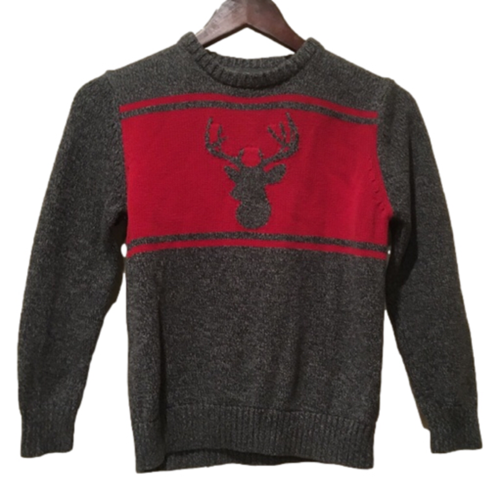 Cat & Jack Grey Red Reindeer Knit Sweater M